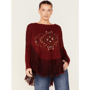 Cotton & Rye Womens Poncho Sweater OS Red Fringe Aztec Western Boho Festival